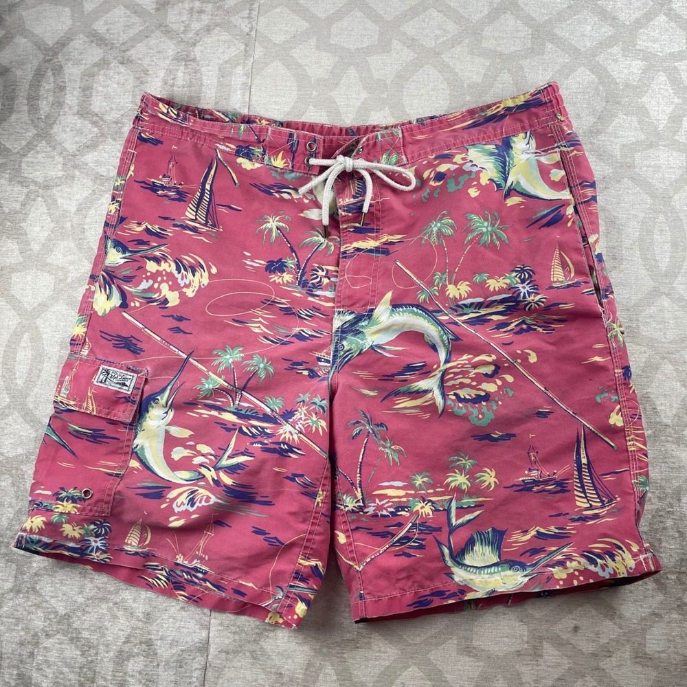 Polo Ralph Lauren Mens Large Pink Tropical Marlin Fishing Swim Trunks Shorts 8in